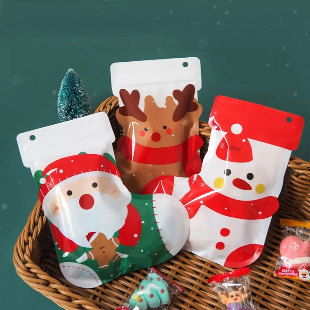 

10PCS Santa Claus Snowman Deer Christmas Socks Bags Gift Wrapping Green Red Brown Stockings Pouch Fireplace Decor DIY