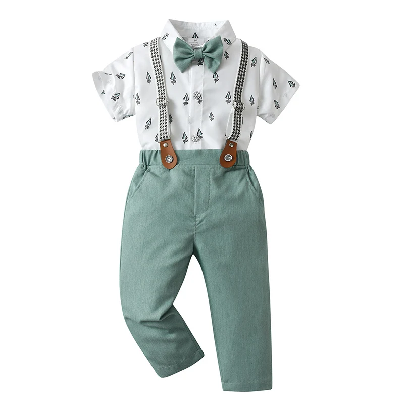 

Baby Boy Set Summer Short Sleeve Shirt Bowtie +Suspenders Trousers 3pcs Kids Birthday Party Costume Children Gentleman Suit