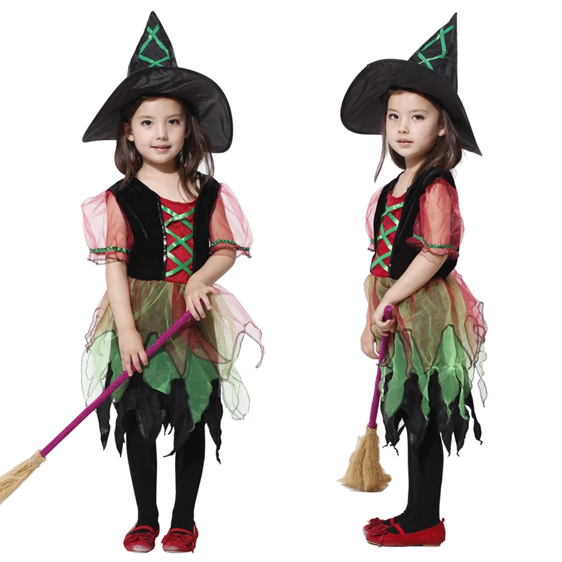 

Witch Costume Girl Halloween Tutu Tied Gauze Dress with Hat Children's Carnival Role-playing Party Set