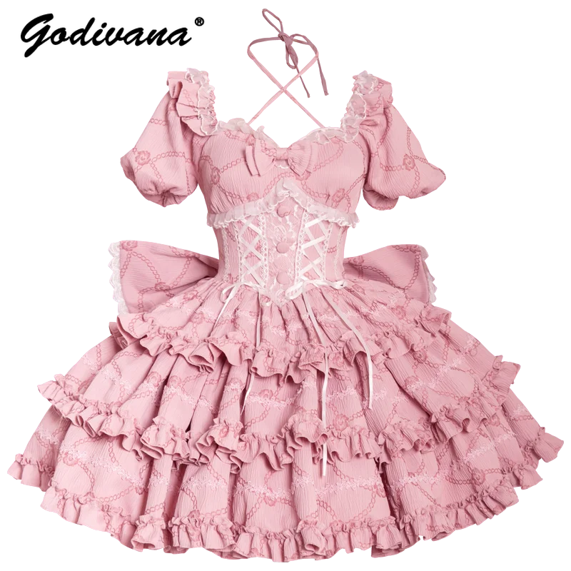 

Op Princess Bow Training Dress Original Design New Spring Summer Girl Women's Lolita Puff Sleeve Slim Pettiskirt Party Dresses