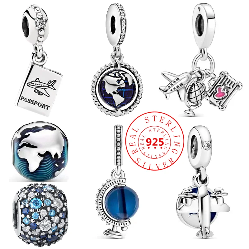 

925 Sterling Silver Blue Globe Earth Airplane Suitcase Dangle Charm Beads Fit Original Pandora Charms Bracelet DIY Fine Jewelry