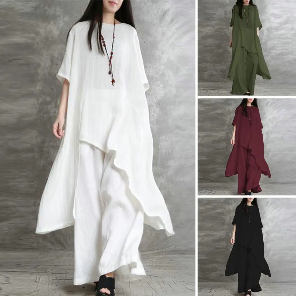Women Casual Pants Set Flowy Round Neck Women's Top Pants Set with Irregular Hem Wide Leg Oversized Fit Breathable Summer Suit
Women Casual Pants Set Flowy Round Neck Women's Top Pants Set with Irregular Hem Wide Leg Oversized Fit Breathable Summer Suit