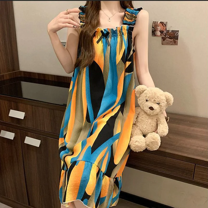 

Fashion Square Collar Printed Spliced Bow Ruffles Slip Dress Female Clothing 2024 Summer New Loose All-match Sleeveless Dress