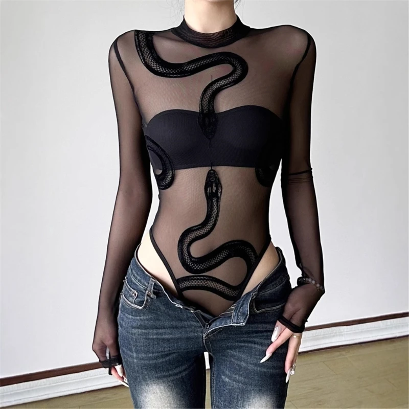 Women Sexy Black Snake Print Sheer Mesh Bodysuit Long Sleeve Gothic Clubwear OUT1070 Women Sexy Black Snake Print Sheer Mesh Bodysuit Long Sleeve Gothic Clubwear OUT1070