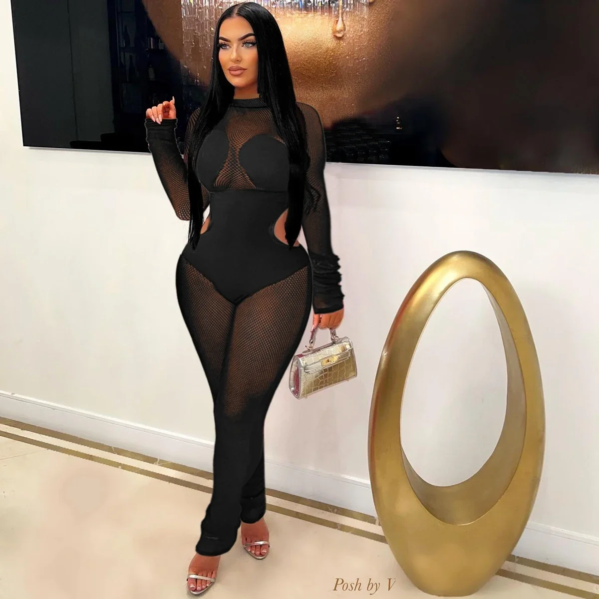 

Wishyear Sexy Sheer Mesh See Through Skinny Jumpsuit Women Long Sleeve Body Bodycon Romper Night Party Club Birthday Outfits