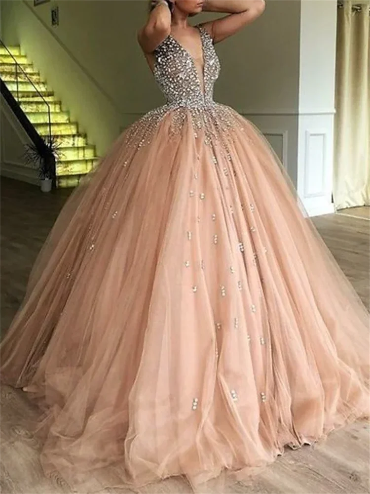 Ball Gown Evening Sparkle & Shine Quinceanera Dress Floor Length Sleeveless V Neck Deep V Back Tulle with Crystals Sequin 2023 
Ball Gown Evening Sparkle & Shine Quinceanera Dress Floor Length Sleeveless V Neck Deep V Back Tulle with Crystals Sequin 2023