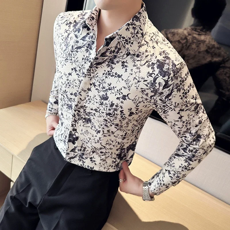 

Summer Retro 3D Print Shirt Men's Long Sleeve Korean Casual Shirt Social Business Formal Dress Shirts Streetwear Men Clothing