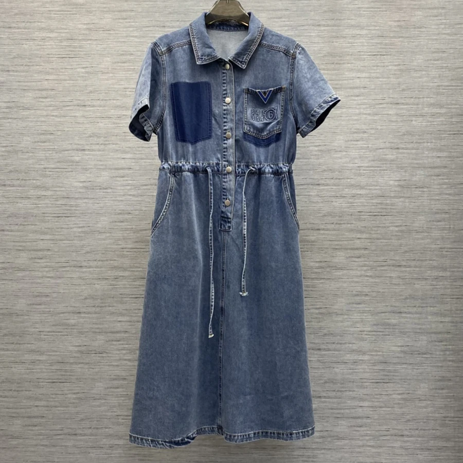 

Summer Women’s Mid Long Denim Dress Turn-Down Collar Single Jeans Buttons Patch Pocket On The Chest Tooling Style Skirt For Lady