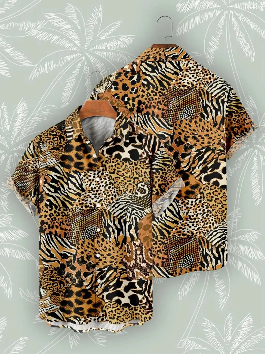 

Рубашка мужская с коротким рукавом, топ в стиле пэчворк, с леопардовым принтом, Повседневная пляжная майка, большие размеры, на лето