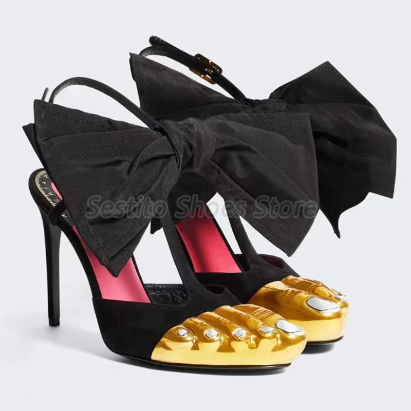 

Gold Finger Women's Sandals Luxury Black Satin Bowknot Thin High Heels Summer Fashion Party Banquet Ankle Buckle Stiletto Shoes