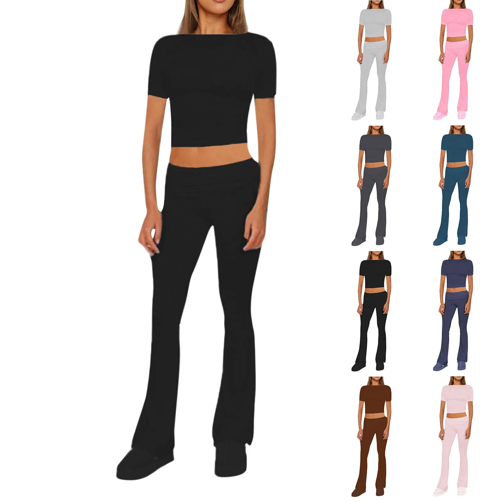 Women's Fashion Solid Color Pants Round Neck Short Sleeved Wide Leg Pants Set Korean Style Versatile Pants ropa de mujer
Women's Fashion Solid Color Pants Round Neck Short Sleeved Wide Leg Pants Set Korean Style Versatile Pants ropa de mujer