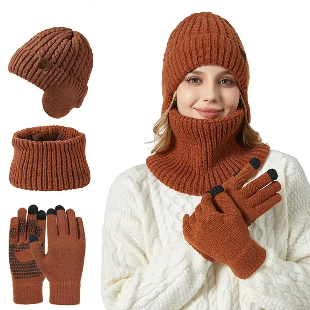 

Winter Hat Neck Warmer Glove Set 3pcs Winter Fleece Lining Hat Scarf Gloves Set for Men Women Touch Screen Mittens Neck Warmer
