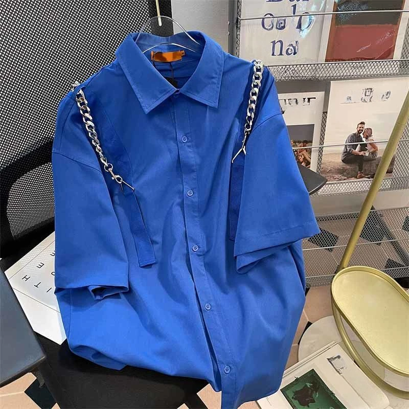 

Рубашка EBAIHUI мужская с коротким рукавом, винтажная Свободная блузка с цепочкой, в японском стиле пэчворк, рабочая одежда, повседневный Топ, на лето