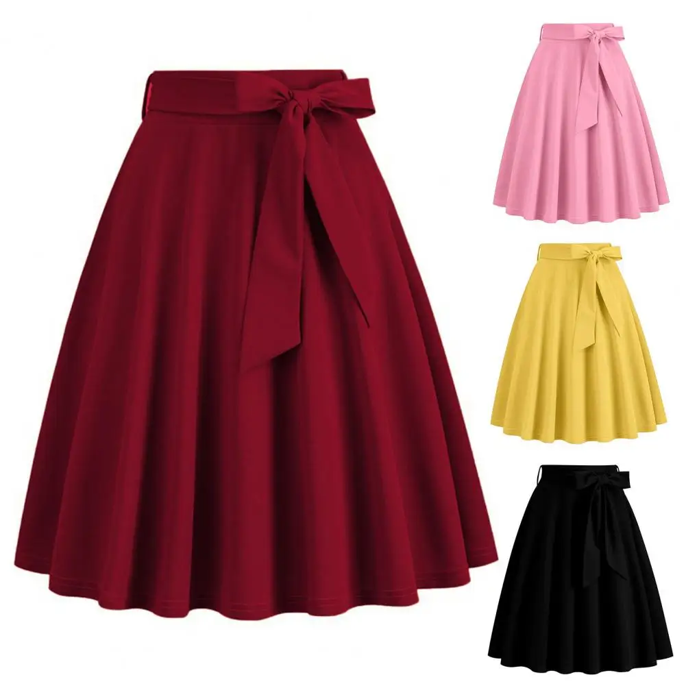 

Summer Women Skirt Belted Tight Waist Bow Decor A-line Big Swing Party Skirt Solid Color High Waist Ruffle Dating Midi Skirt