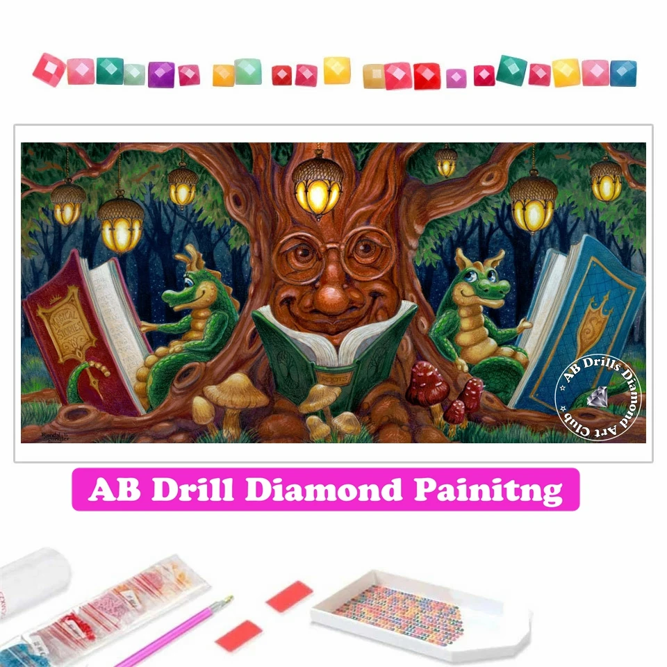 

Tree Dinosaur Reading Book 5D DIY AB Drill Diamond Painting Randal Spangler Embroidery Cross Stitch Rhinestone Mosaic Kids Gift