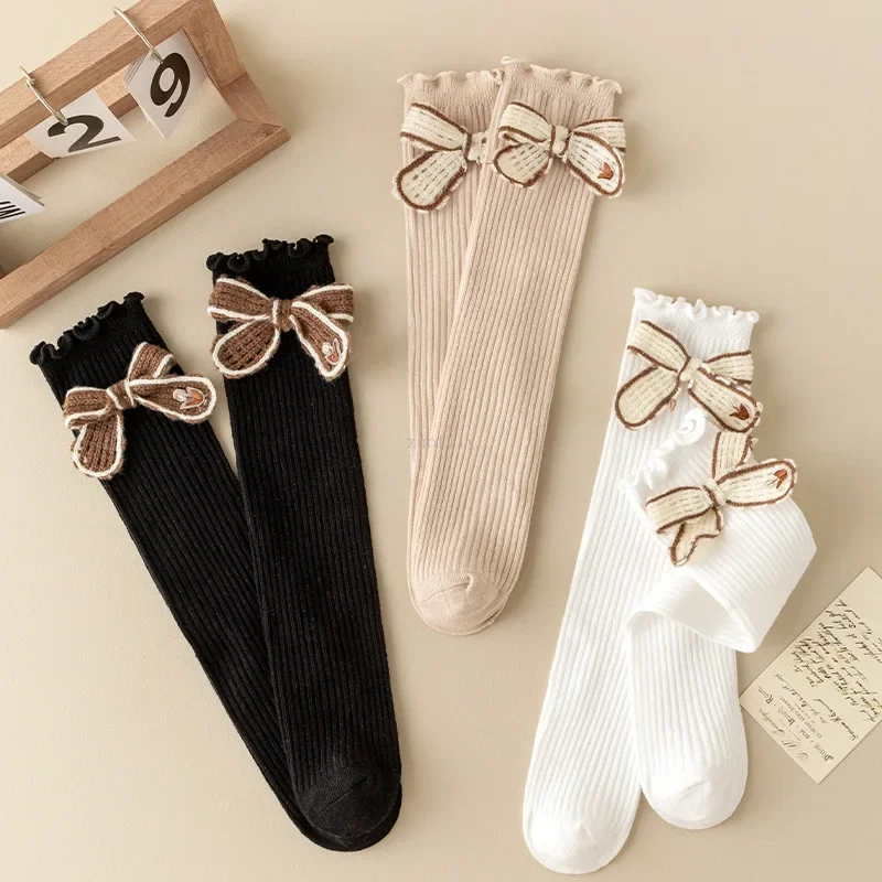 

New Kids Socks Girls Bow Knee High Long Tube Soft Cotton Baby Autumn Ruffle Stockings Kids Solid Girls Warm Socken Leg Warmers