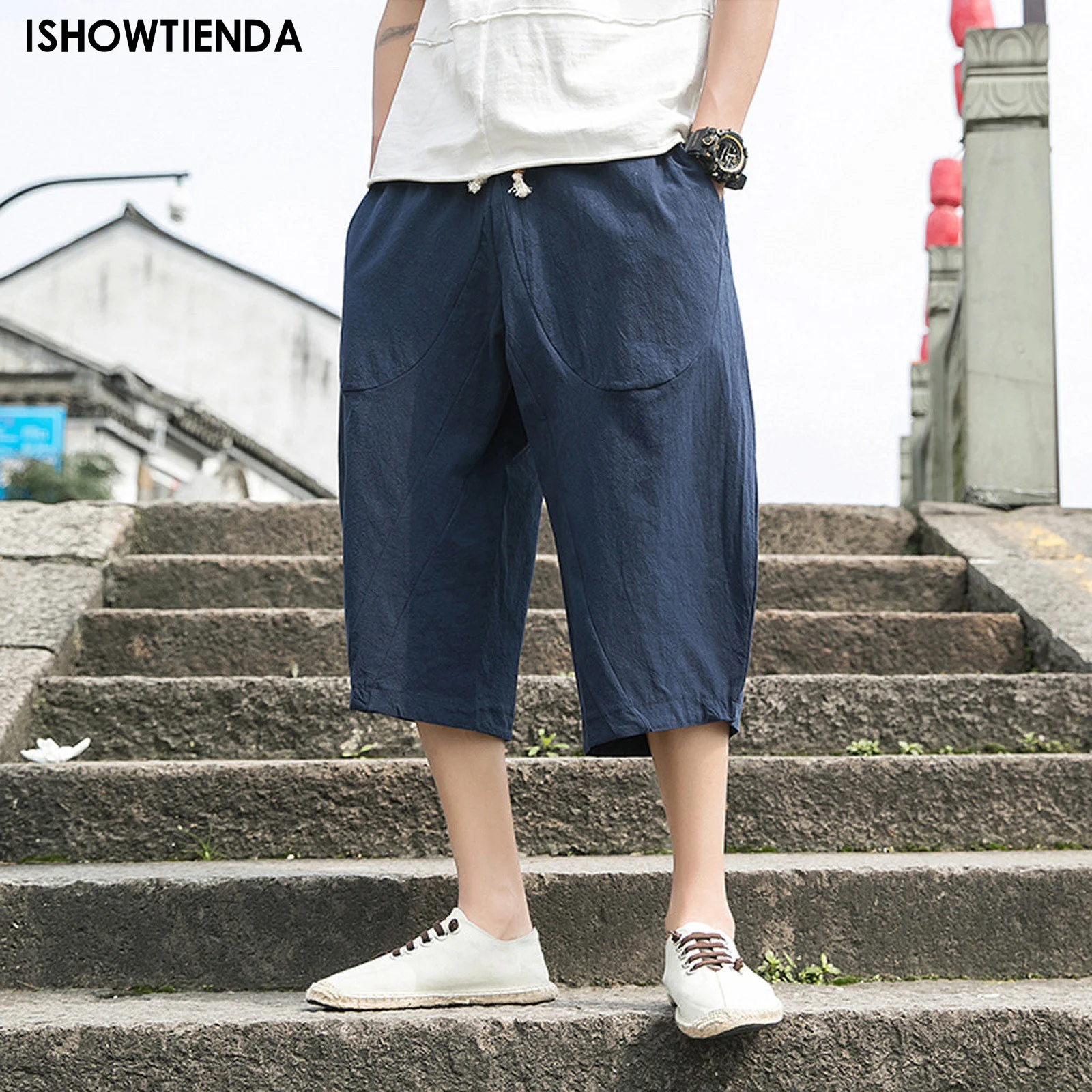 

Harem Pants Beach Cotton Linen Capri Pants Mens Cargo Trouser Casual Elastic Waist Linen Baggy Drawstring Pocket Loose Shorts