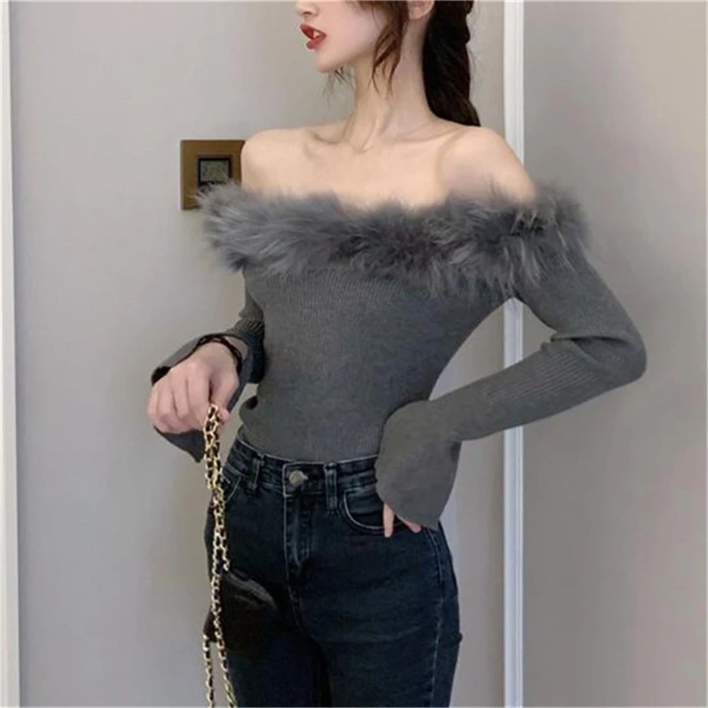 

Women's Furs Trim Boat Neck Long Sleeve Knit Shirts 2023 Fitted Sweater Pullover Sexy Going Out Top Streetwear