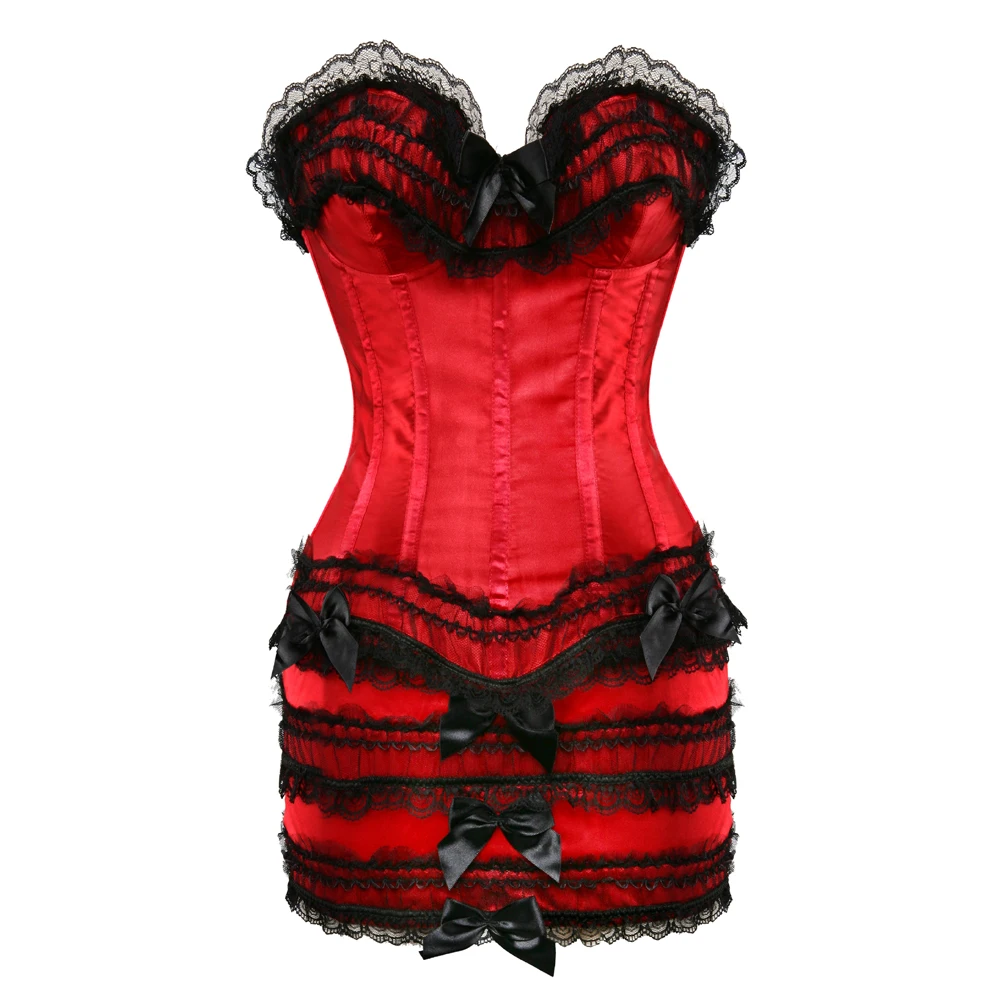 Corset Busiter with Red Satin Lace Up Boned Zipper Side Bustiers with Lacetrim and Bow Mini Skirt Corsage Plus Size
Corset Busiter with Red Satin Lace Up Boned Zipper Side Bustiers with Lacetrim and Bow Mini Skirt Corsage Plus Size