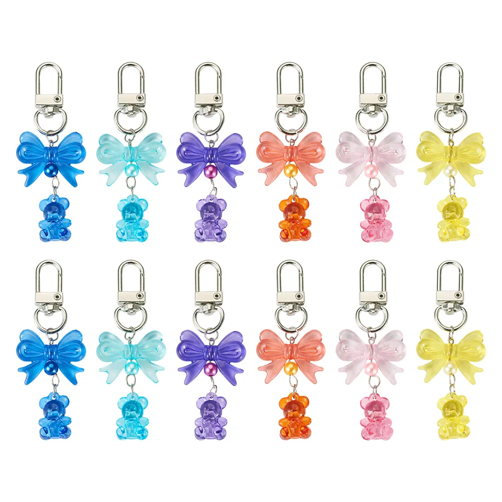 

12Pcs Cute Bear Bowknot Transparent Acrylic Pendant Alloy Swivel Clasps Keychain for Bag Jewelry Decoration Accessories