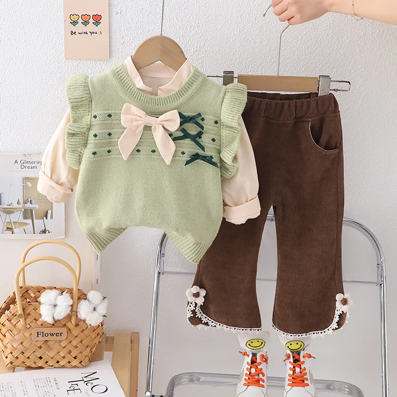 

2024 Spring Western Baby Girl Clothes Luxury Designer 1-5T Casual Knitted Sweat Vest + Shirts + Pants 3PCS Kids Girls Outfit Set