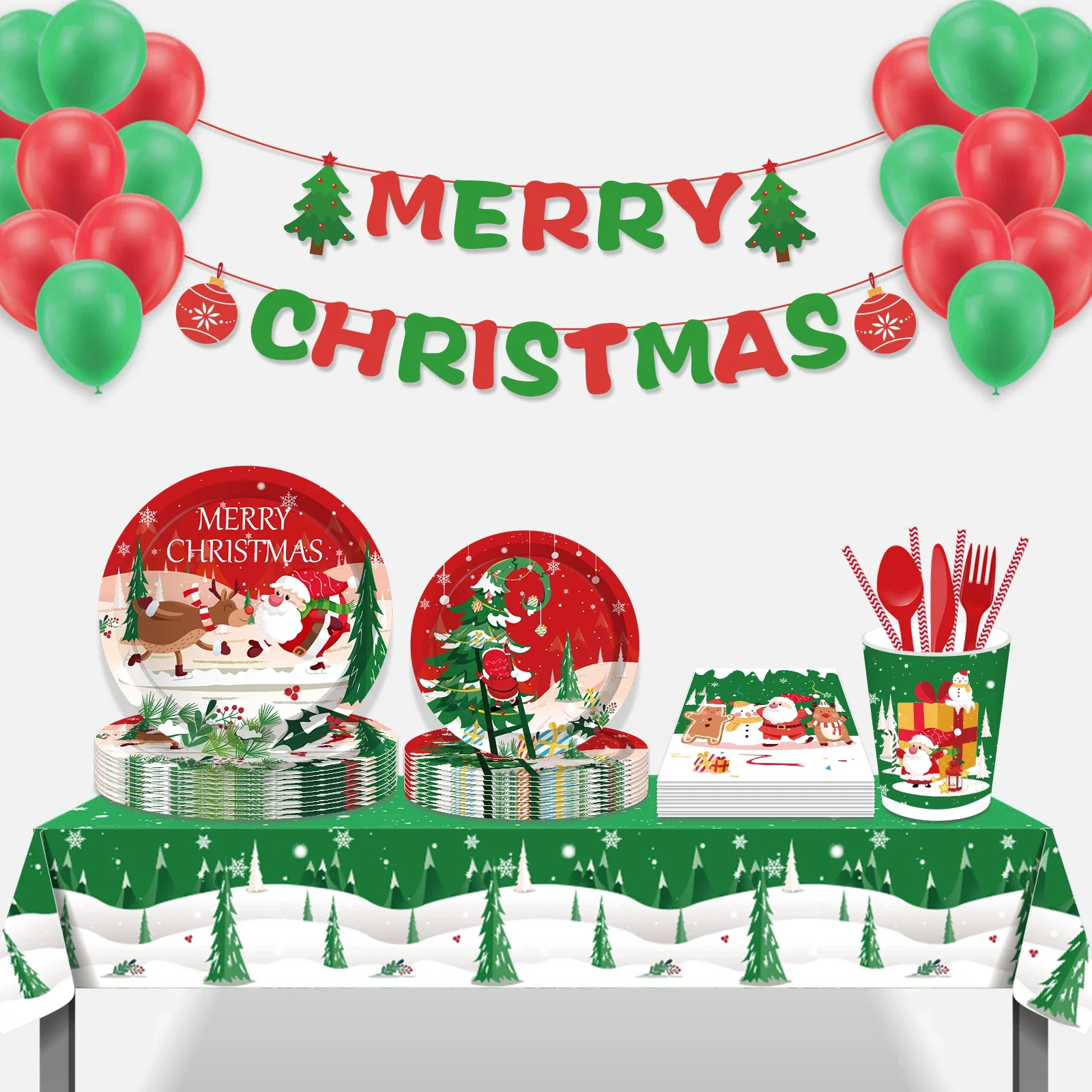 

Christmas Tree Xmas Party Disposable Tableware Sets Santa Claus Snowman Theme Gift Bags Banner New Year Globos Party Decorations