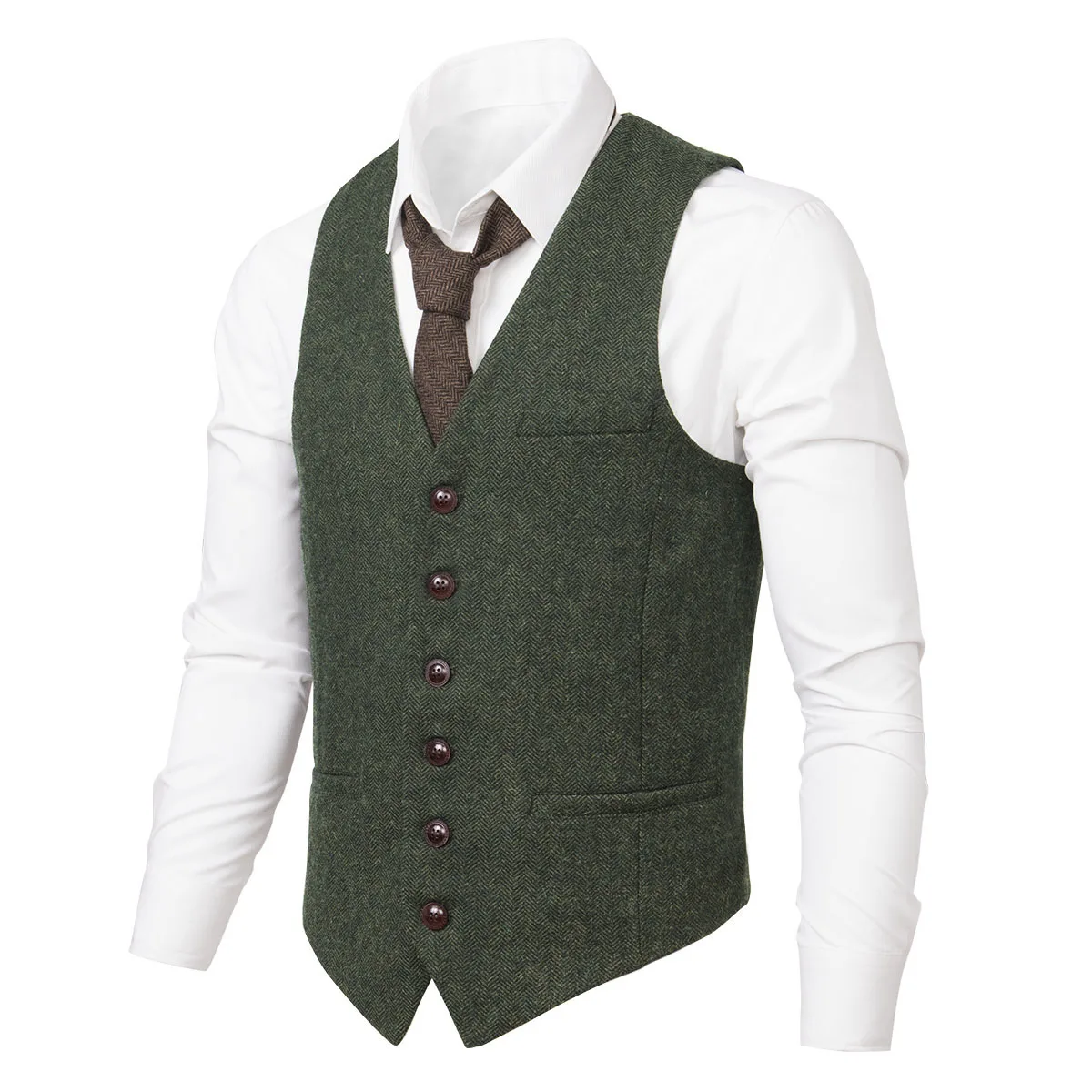 

Men Dark Grey Tweed Single-breasted Six Buttons Waistcoat Suit Vest V-Neck Male Herringbone Wool Blend New Male Vests