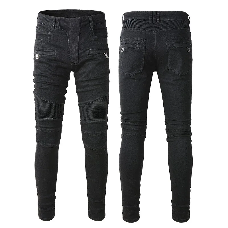 

High Quality Black Pleated Skinny Pants for Men Y2k Pencil Streetwear Bandana Patchwork Boyfriend Destroyed Slim Denim Jeans