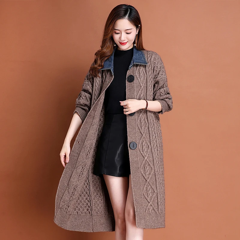 

Women Cozy Hooded Cardigan Long Sweaters Camel Grey Beige Cable-Knit Outerwear Denim Collar Bulky Rib Fabric Textured Knitwear