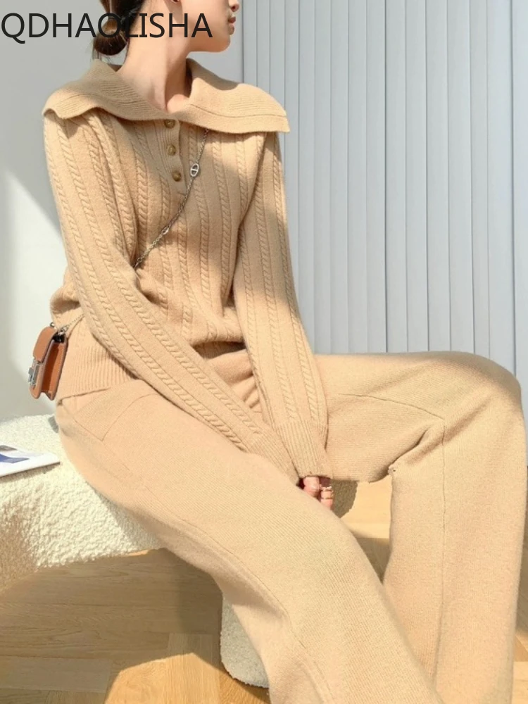 Women's Two Piece Sweater Set Autumn Winter Knitted Sweater Pullover Button Collar Thick Wide Leg Pants Harajuku Sportswear
Women's Two Piece Sweater Set Autumn Winter Knitted Sweater Pullover Button Collar Thick Wide Leg Pants Harajuku Sportswear