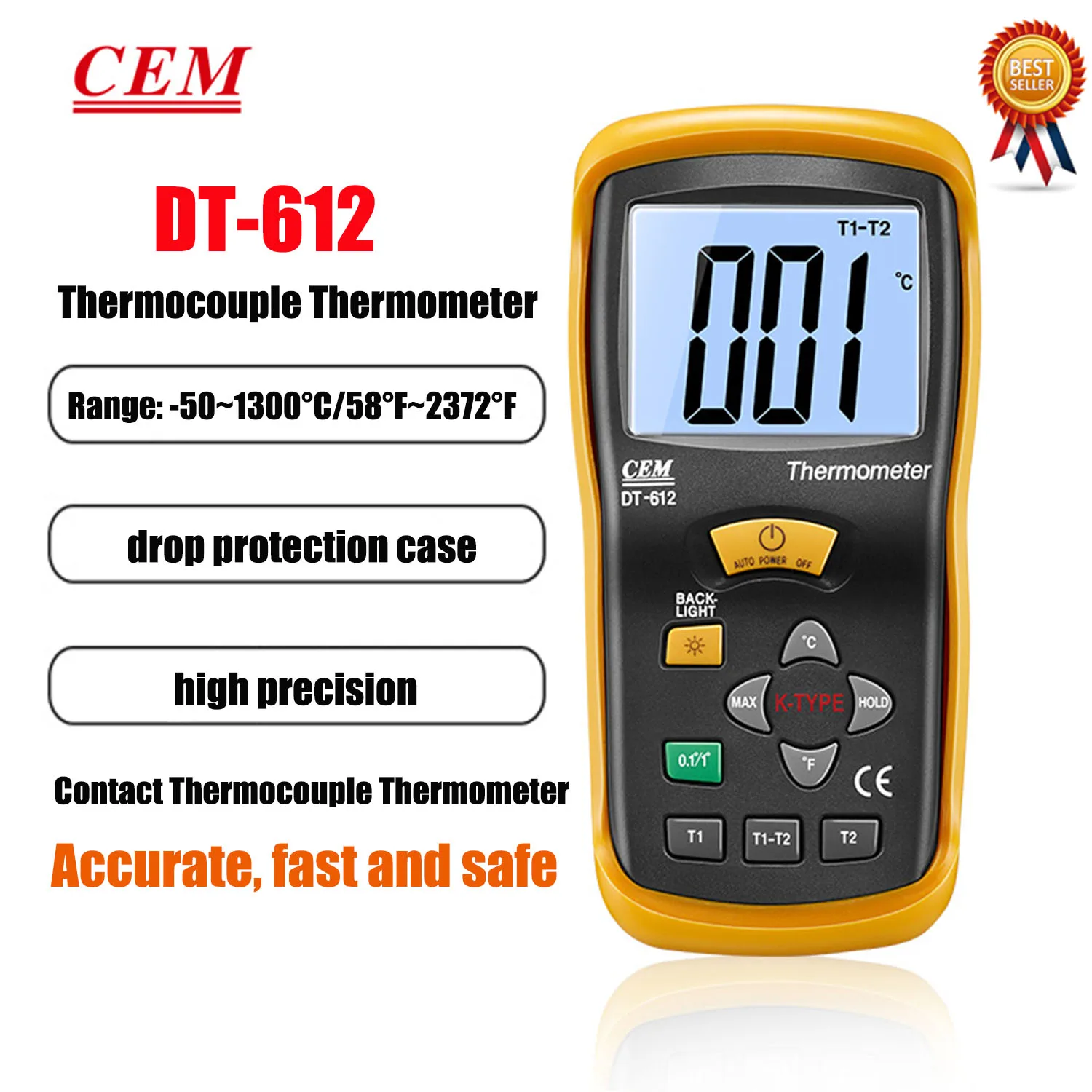 

CEM DT-612 DT-613 High Precision Thermometer Double Channel Contact Thermometer with K-type Thermocouple Electronic Thermometer