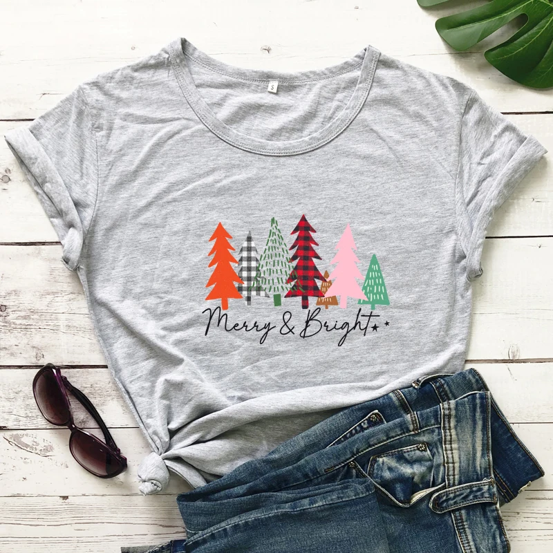 

colored merry & bright tshirt vintage women short sleeve buffalo plaid christmas trees top tee shirt