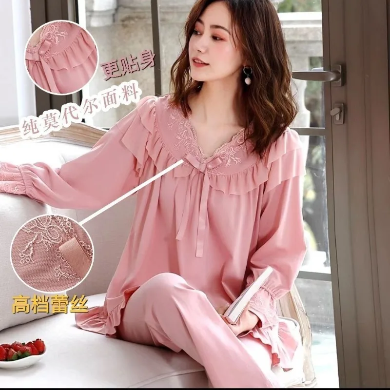 

Modal Female Pajamas Spring and Autumn Floss Silk Long Sleeve A Loungewear Set Can Worn Outside Loose Large Size Nursing Clothes