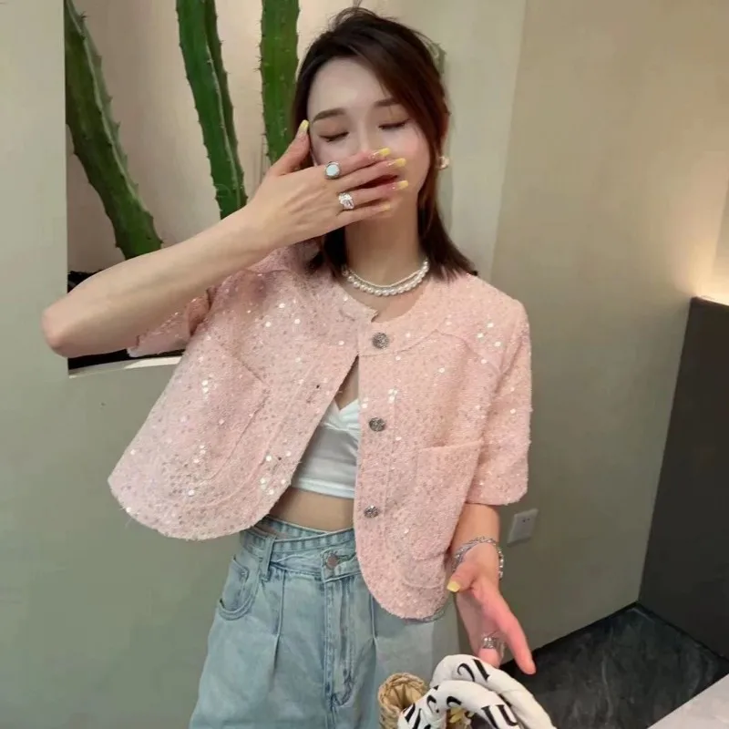 Summer High Quality Korean Tweed Jacket Coat Women Korean Fashion Sequin Short Outerwear Top
Summer High Quality Korean Tweed Jacket Coat Women Korean Fashion Sequin Short Outerwear Top