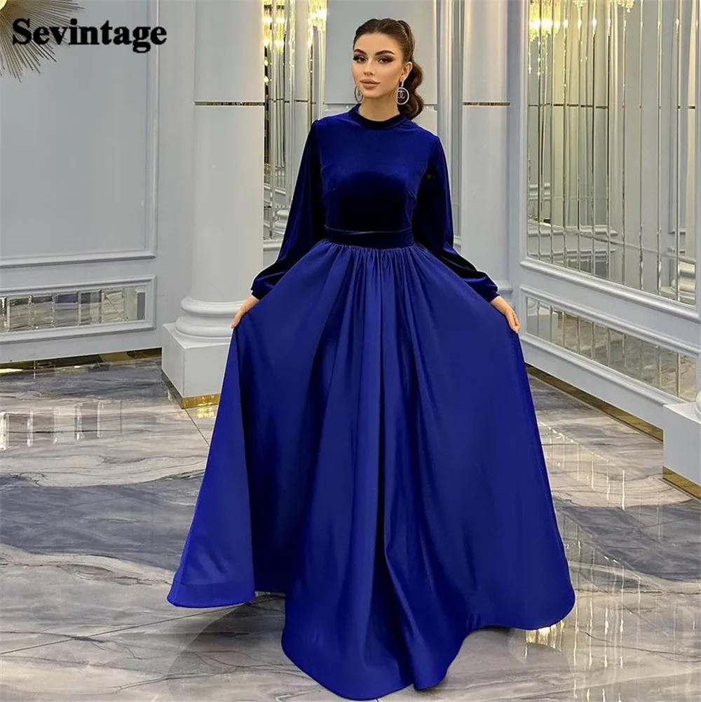 

Sevintage Elegant Royal Blue Arabia Prom Dress A-Line Long Sleeves Floor Length Evening Dress vestido para eventos especiale