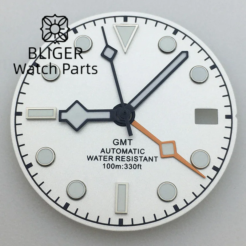 

BLIGER 29mm Black White Blue Watch Dial Hands Fit NH34 GMT Movement 4 Hands Green Lumious 3 O'clock Crown Date Window