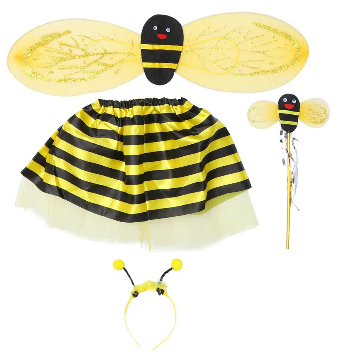 

4pcs Performance Costume Set Bee Wings Hair Tutu Skirt Fairy Wand Kit Stage Cosplay Props for Kid Child Random Accessories