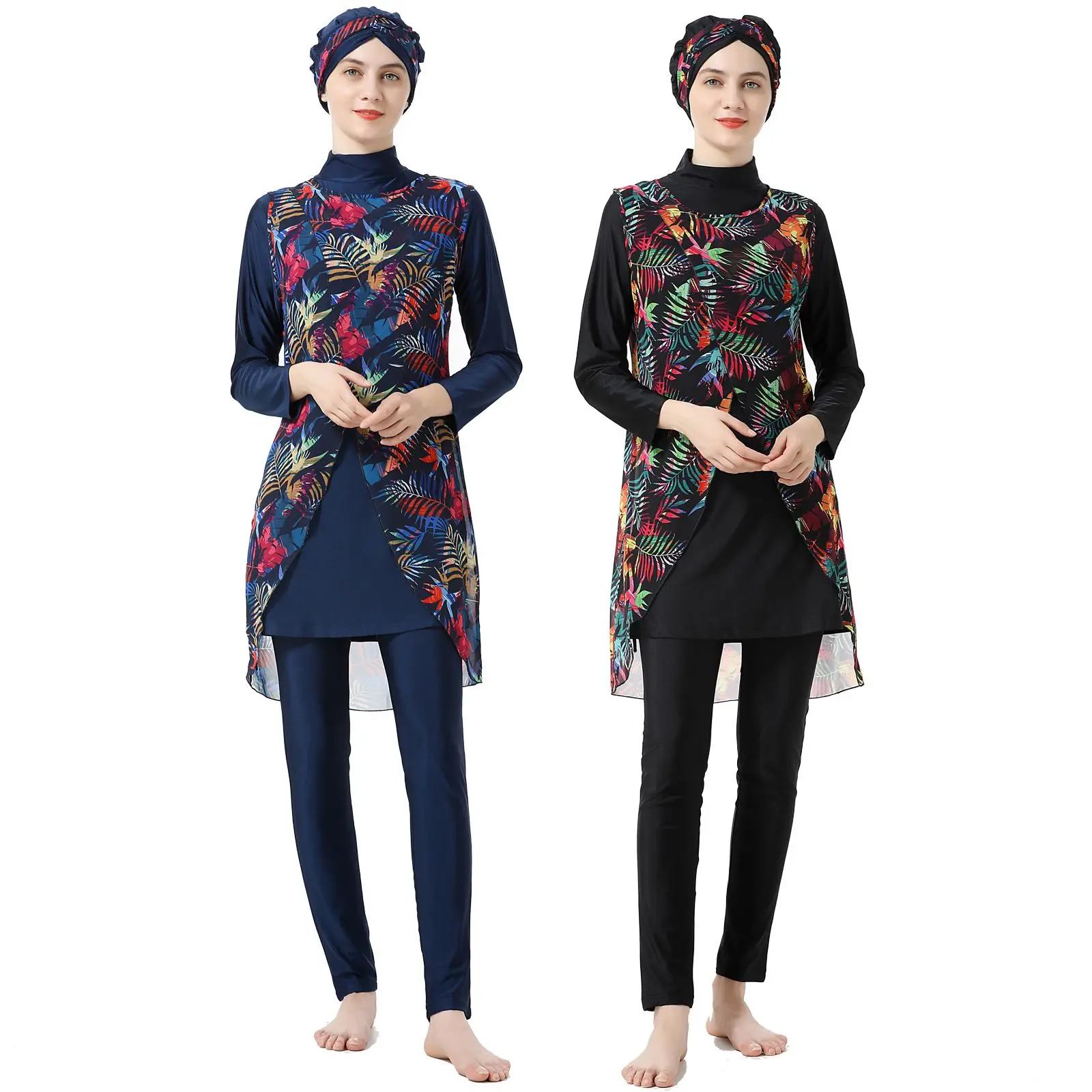 

4PCS/Set Swimwear Floral Muslim Swimming Suit for Women Burkini with Pareo Printing Four-piece Swimsuits Borkini Femme Musulmane
