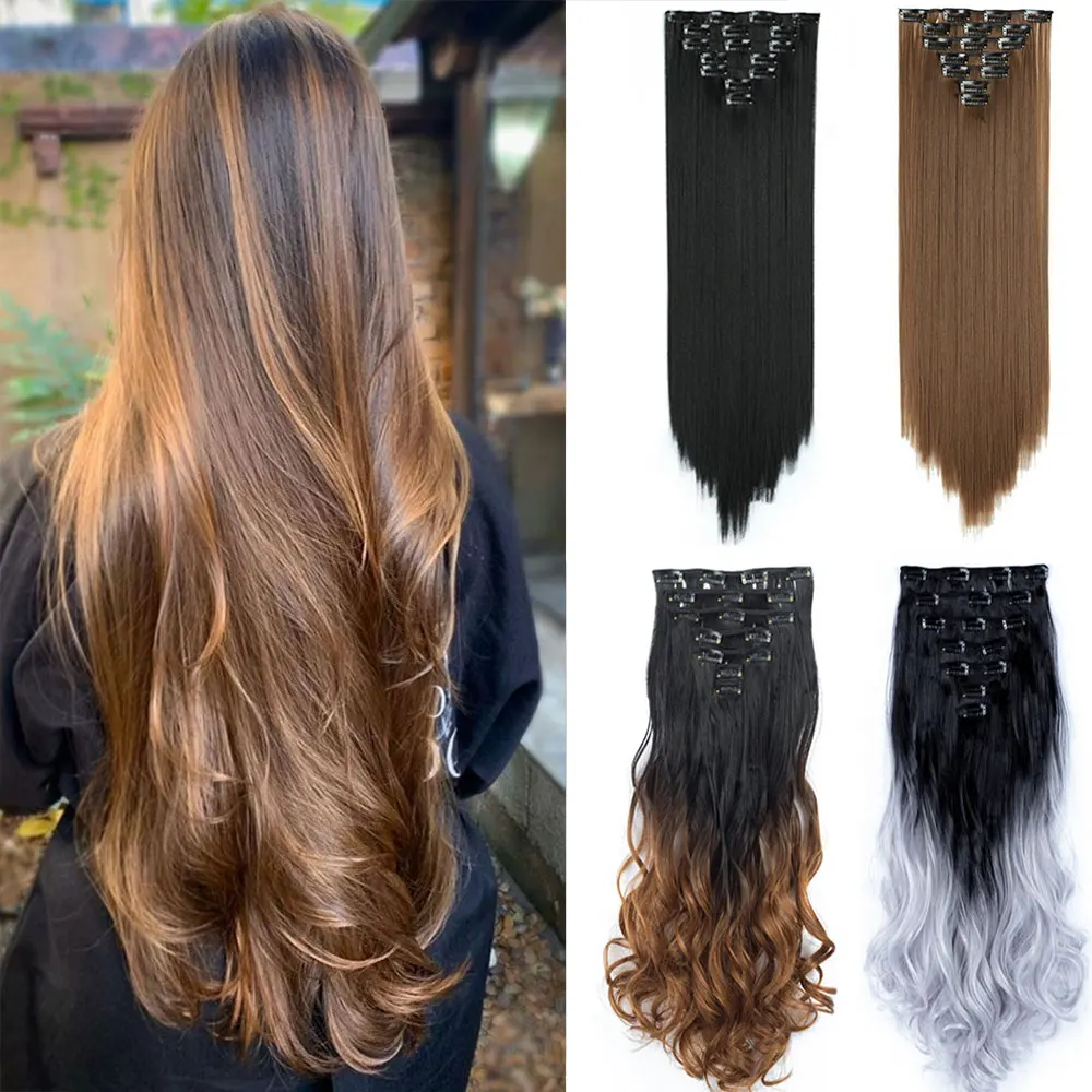 

Linwan Synthetic Clip On Hair Extension 7Pcs/Set 22inch Straight Hairpiece Curly 16 Clips In Hair Ombre Heat Resistant Fiber