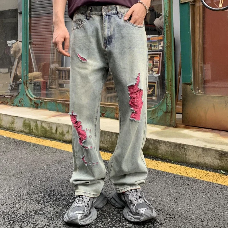 

Street Trend Fashion Spring Summer Pink Men's Jeans Ripped Washed Skater Pants Green Loose Fit Long Jeans