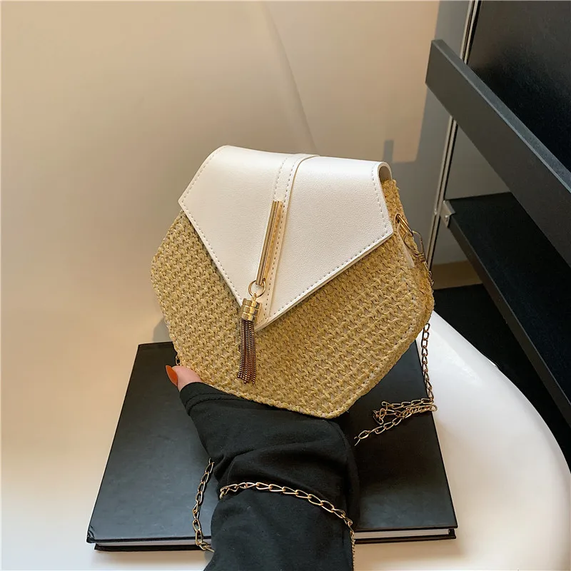 Hexagon Straw & Leather Handbag - Bohemian Woven Beach Shoulder Bag 29 S275ddd8520fb4165bd24ea9bbadaf39cl