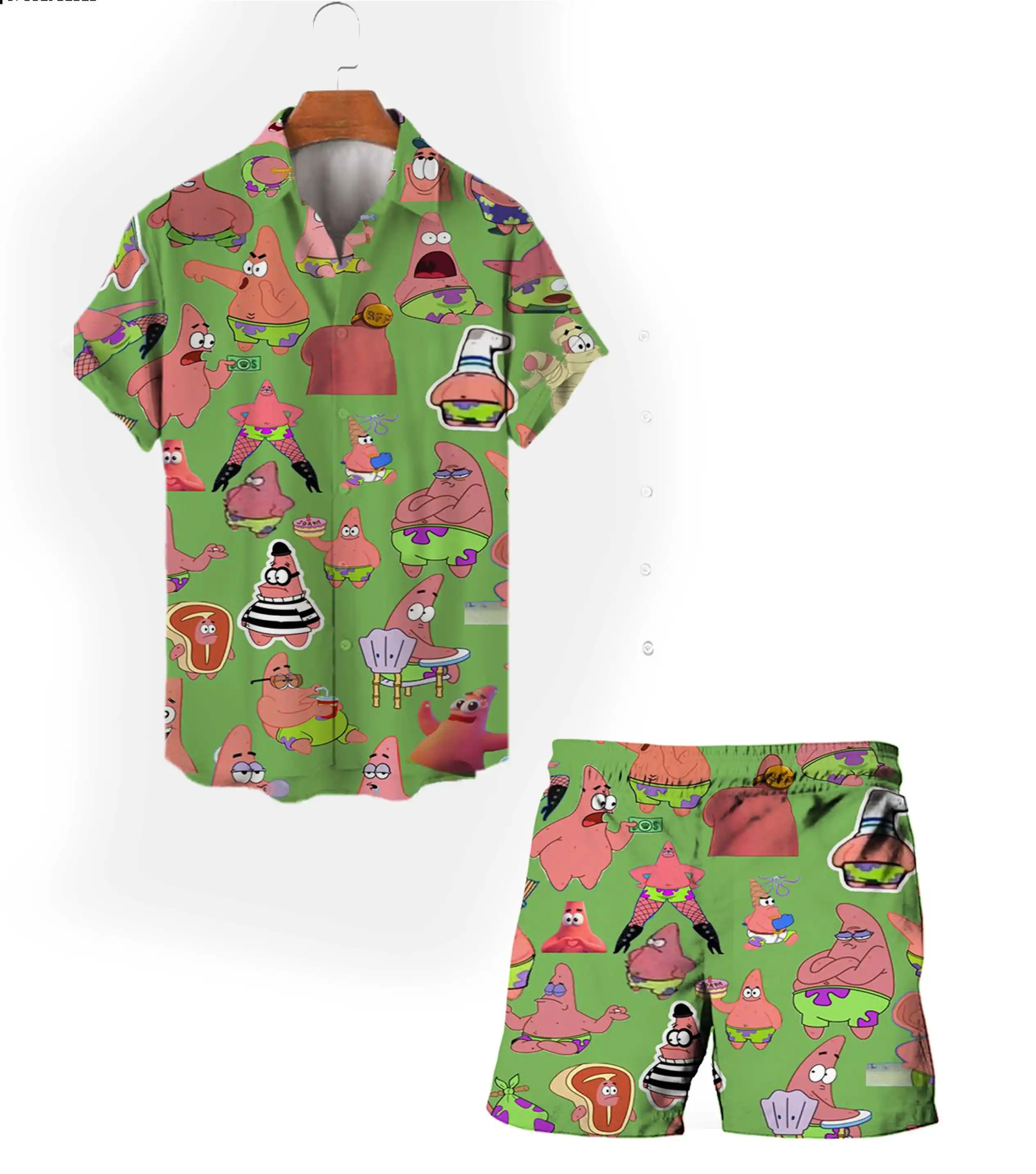 

Beach casual Harajuku 2024 new summer Spongebob cartoon men's short-sleeved shirt suit street style fashion suit y2k