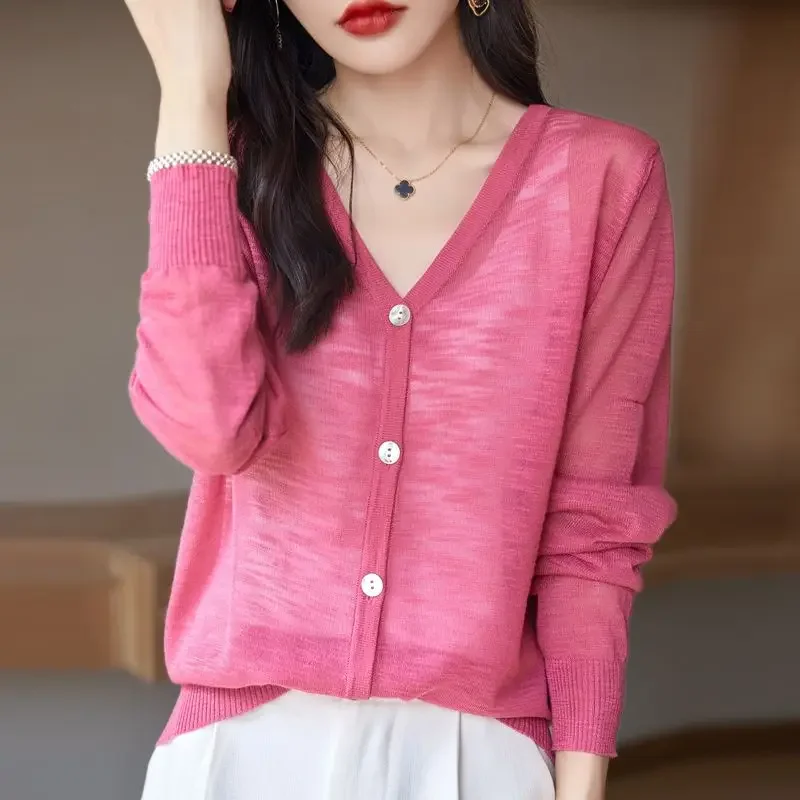

Вязаный розовый кардиган с V-образным вырезом, женские топы с длинным рукавом, однобортное модное тонкое пальто в Корейском стиле, роскошная дизайнерская одежда высокого класса