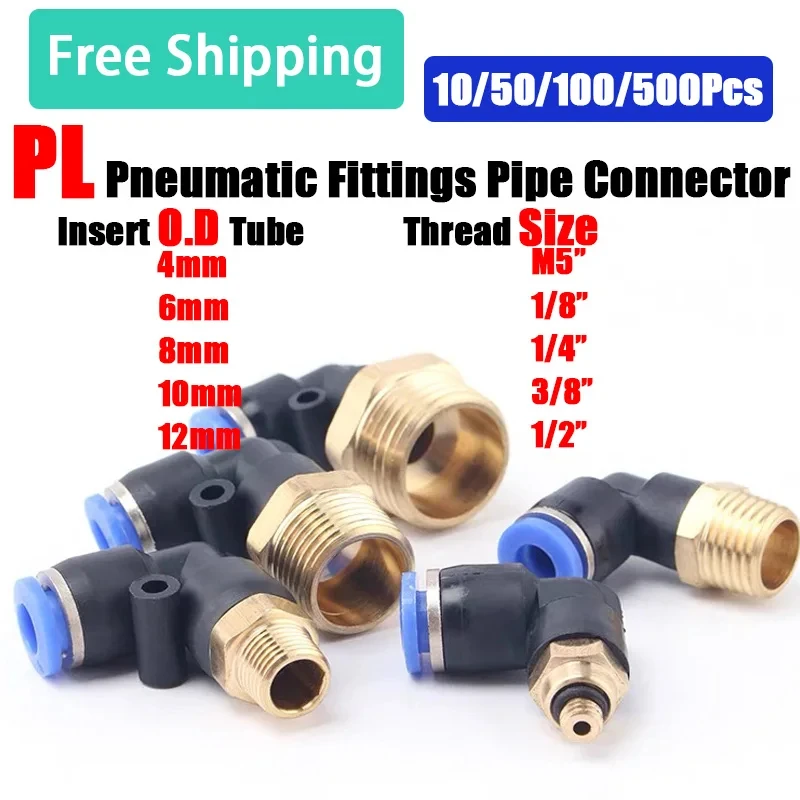 

PL Elbow Pneumatic Air Fittings Pipe 4mm 6mm 8mm 10mm 12mm OD Hose Tube Push In Thread Hose Quick Connector 1/8" 1/4" 3/8" 1/2"