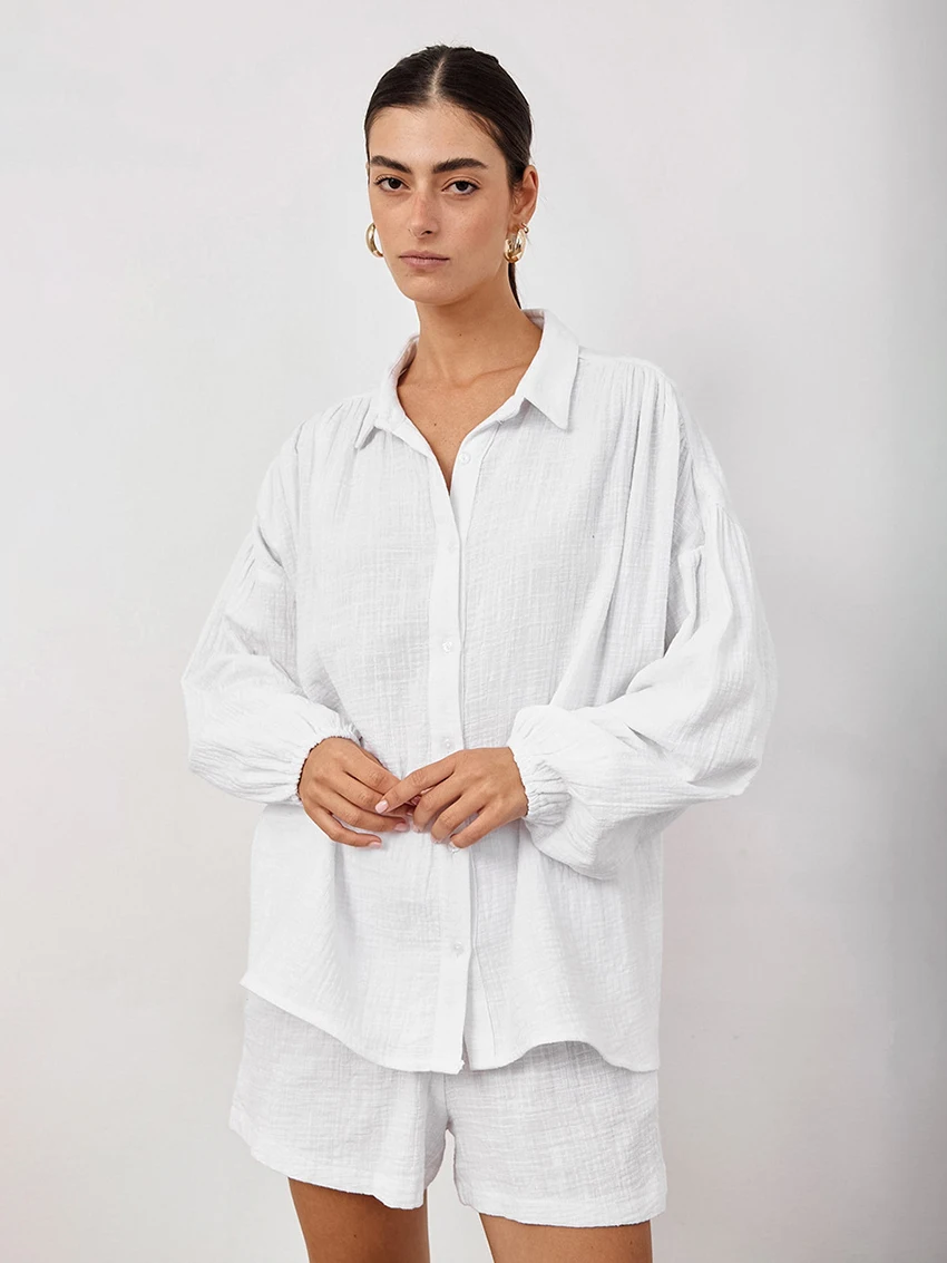 

Marthaqiqi однотонная Хлопковая женская ночная рубашка комплект из 2 предметов пижама с длинным рукавом Ночнушка с отложным воротником шорты женский пижамный комплект