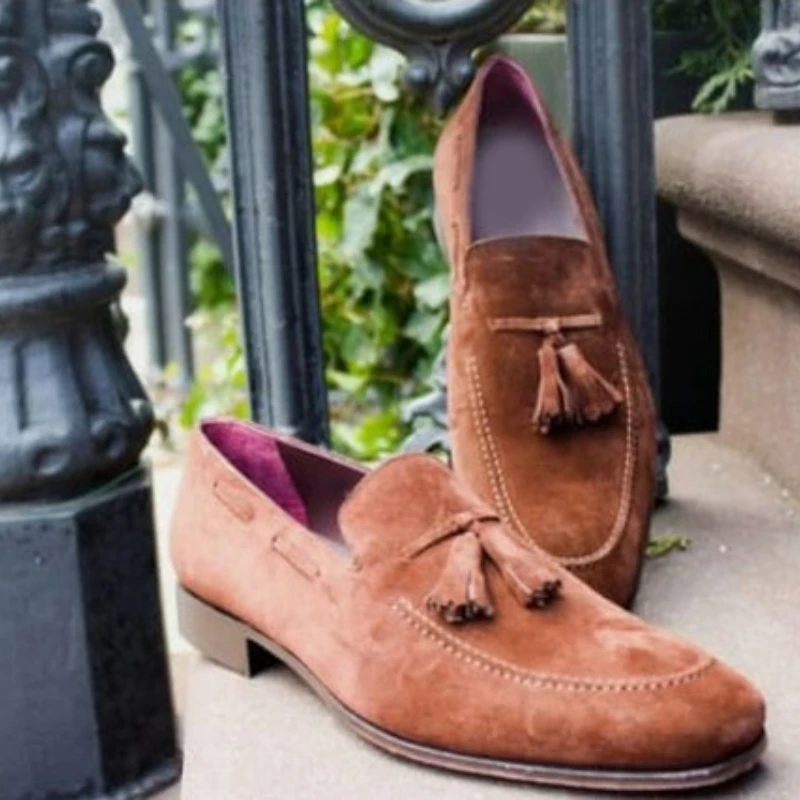 New Men's Shoes Handmade Brown Faux Suede Classic Retro Light Slip on Tassel Fashion Comfortable Loafers Dress KF896 |