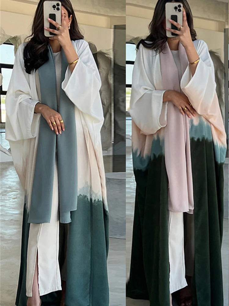 

Лето 2024, роскошное кимоно Рамадан с открытым рукавом «летучая мышь», абайя, мусульманское скромное платье Дубая, мусульманская одежда, искусственный кафтан