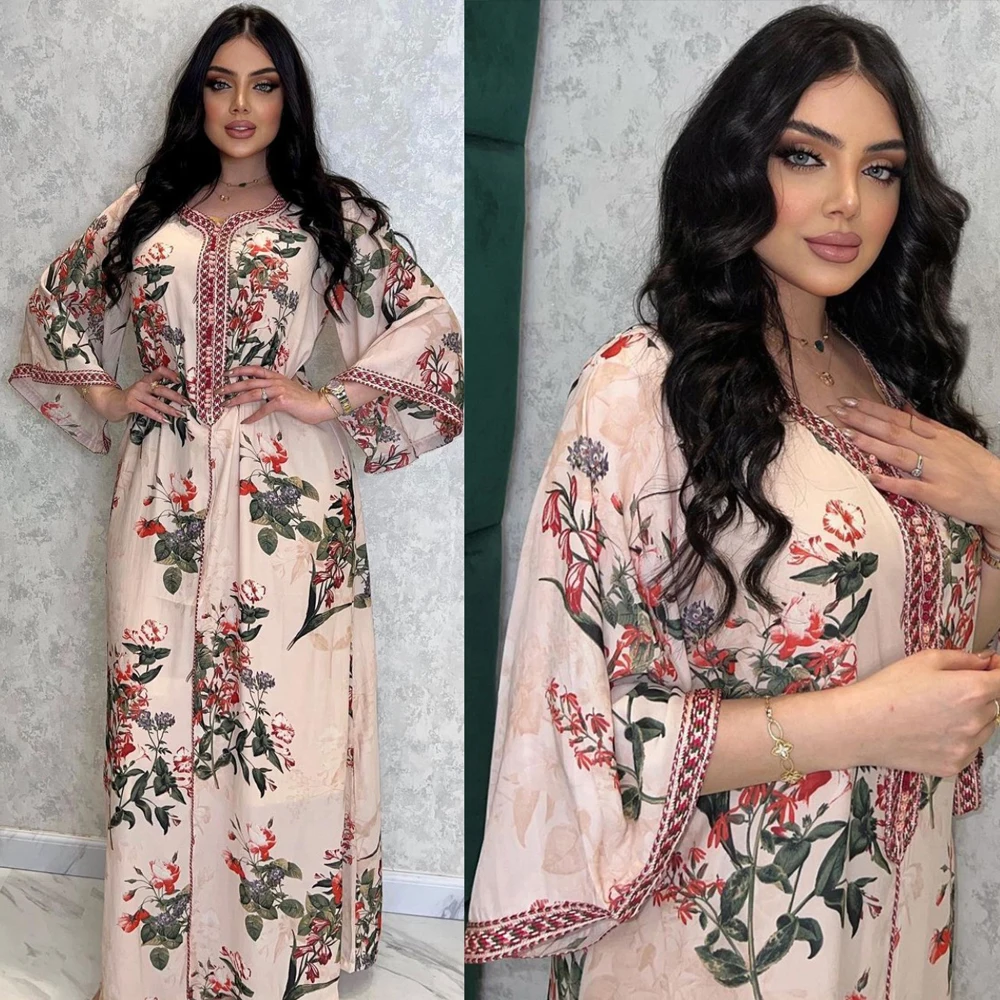 

India Abayas for Women Muslim Floral Print Long Maxi Dresses Islamic Kaftan Dubai Turkey Arabic Robe Eid Ramadan Jalabiya Caftan
