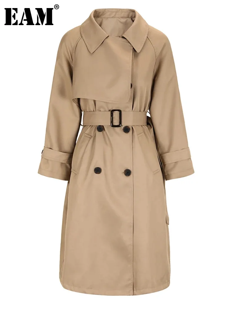 

[EAM] Women Khaki Belted Big Size Long Trench New Lapel Long Sleeve Loose Fit Windbreaker Fashion Spring Autumn 2024 CPG0584