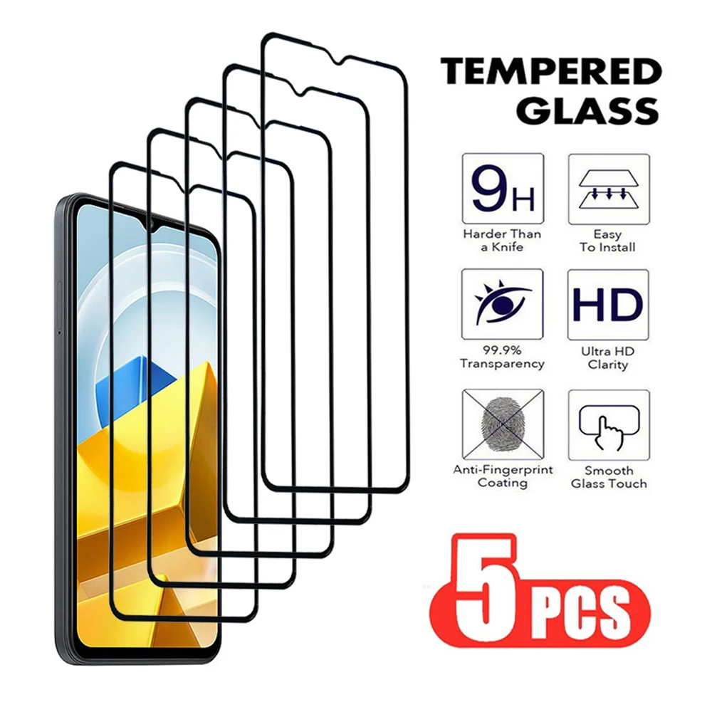 

5Pcs Full Tempered Glass For Xiaomi Poco NFC X4 GT X5 Screen Protector POCO M3 M4 M5 C50 C51 C55 C65 F3 F4 F5 Pro Glas Film